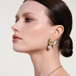 Asymetryczne, srebrno-złote kolczyki z kryształem z kolekcji Rundo
