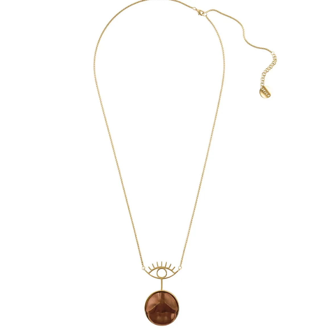 Długi, pozłacany naszyjnik z rzeźbionymi w drewnie ustami z kolekcji Kembali