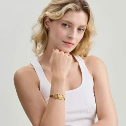 Geometryczna, pozłacana bransoletka z bursztynem z kolekcji Baltica