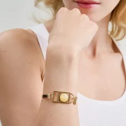 Geometryczna, pozłacana bransoletka z bursztynem z kolekcji Baltica