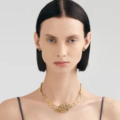 Pozłacana kolia zdobiona meteorytem i pirytami z kolekcji Meteoros