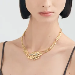 Pozłacana kolia zdobiona meteorytem i pirytami z kolekcji Meteoros