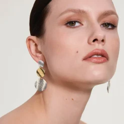 Wiszące, srebrno-złote kolczyki z kolekcji Rundo